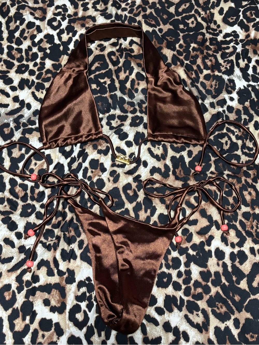 SHEIN Brown Satin Triangle String Bikini Set